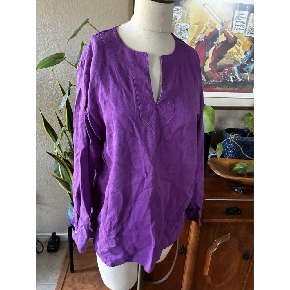Lauren Ralph Top Purple Roll Tab Sleeve Linen Tunic Dark Boho Sz Large